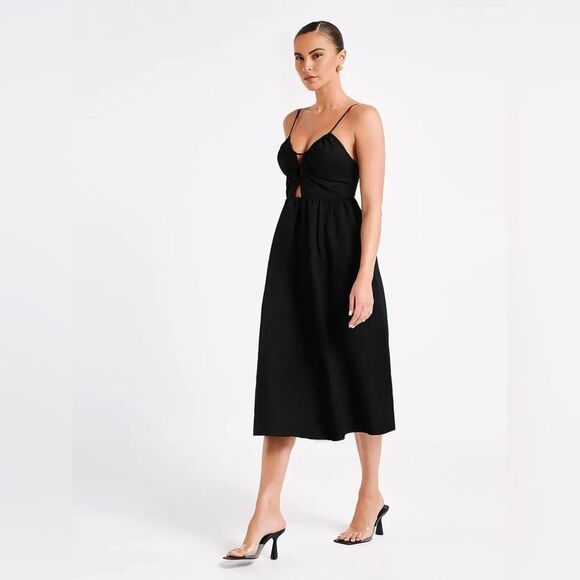 Meshki Magdelena Linen Cutout Minimalist Midi Dress Black Large - L NWT - Picture 4 of 10